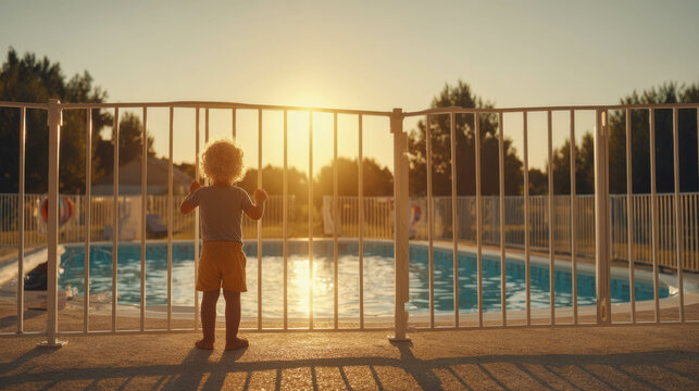 Young child gazes at secure pool area with safety fence, highlighting importance of child safety around water