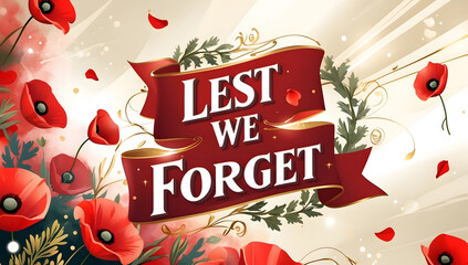 Elegant Remembrance Day design. Red poppies and a ribbon banner reading 'LEST WE FORGET' create a poignant tribute. Perfect for memorials and commemorative events.