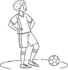 Smiling boy in soccer uniform standing with football &ndash; black and white line drawing illustration