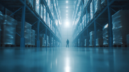A worker in a modern warehouse aisle, focused and efficient in a dynamic logistics environment