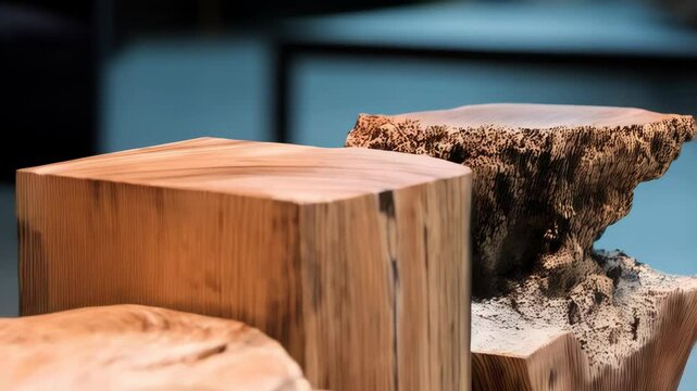 Unique display of stacked wooden cube pedestals with rough hewn bark and smooth planed wood texture highlighting natural wood grain indoors
