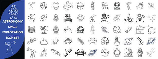 Astronomy and space exploration icon set. Thin line editable stroke icons for astrophysics, planets, rockets, astronauts, solar system, satellites, galaxies and outer space observation science © designer