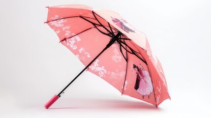 Open red umbrella isolated on white background, A pink umbrella with small white flower, isolated on a white background, Pink umbrella on white background
