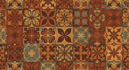 This pattern presents an assortment of colorful ornamental tiles, featuring floral and geometric designs in warm hues of brown and orange.