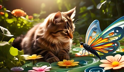 A fluffy American Bobtail cat in a lush garden observes a colorful quilled paper butterfly, surrounded by vibrant flowers in soft, golden sunlight. Dreamy, peaceful, and nature-filled scene.
