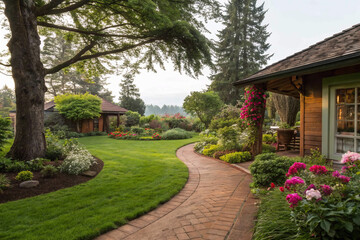 Naklejka premium garden in the garden, Backyard cottage garden on brown pavement, green grass lawn