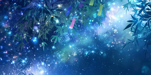 七夕の夜の星空と笹飾り
