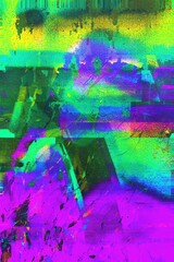 Plakat Vibrant glitch art in neon green, purple, yellow. Modern Y2K style, iridescent distortion, psychedelic edge. Digital art, creative banner, 2000s, poster background.