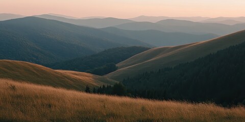 Serene Sunset Over Carpathian Mountains: A Breathtaking Landscape of Forested Hills and Rolling Meadows