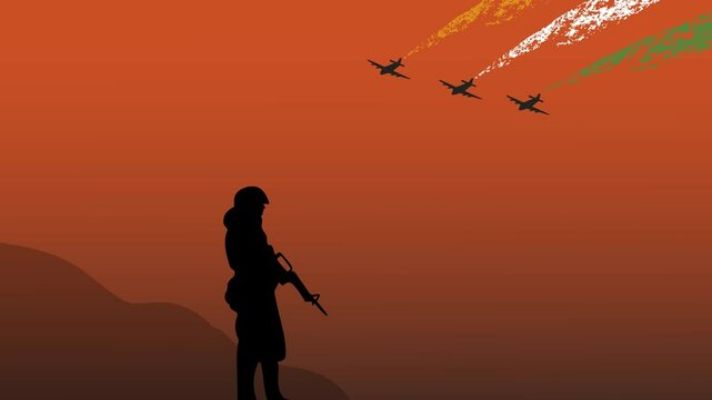 Indian Soldier with Tricolor Jets Tribute Animation