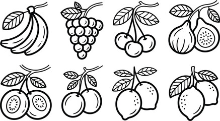 Black and white outline illustration of assorted fruits featuring bananas grapes and lemons