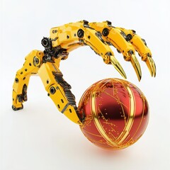 Fototapeta premium Vibrant Robotic Claw Gripping a Red Christmas Ornament Emphasizing Festive Entertainment