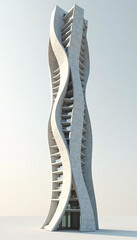 Futuristic Wavy Concrete Skyscraper Biomorphic Design Isolated On White Background