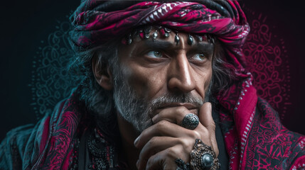 Elderly Arab businessman, thinker pose. Pop art retro vector illustration