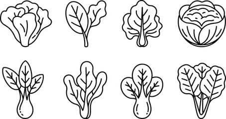 Variety of fresh vegetables and leafy greens outlines black and white set