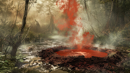 A red boiling well with smoke rising from it, with mud and some trees in the background