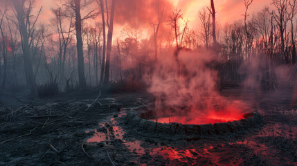 A red boiling well with smoke rising from it, with mud and some trees in the background