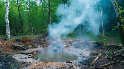 A red boiling well with smoke rising from it, with mud and some trees in the background