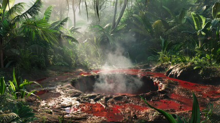 A red boiling well with smoke rising from it, with mud and some trees in the background