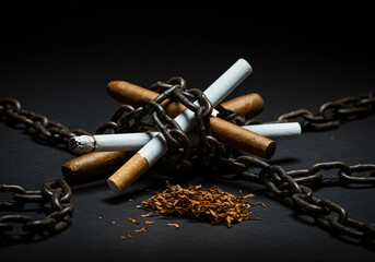 Cigarettes Bound by Chains Symbolizing Tobacco Addiction and Dependence