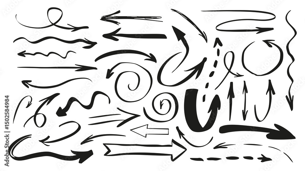 Aufkleber Handwriting arrows set of marker brush stroke texture. Doodle elements with black hand drawn twisted, turning, swirling, pointing and curving cursors with different variation. Illustration.