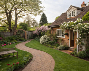 english country house with garden, Backyard cottage garden on brown pavement, green grass lawn