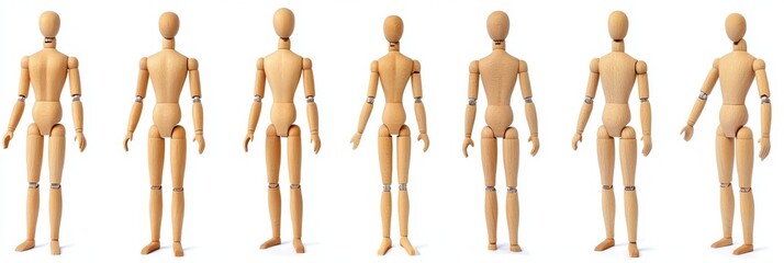 Versatile Wooden Mannequin Figures for Artistic Drawing in Diverse Poses Against a Clean White Backdrop