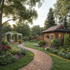 Fototapeta premium path in the garden, Backyard cottage garden on brown pavement, green grass lawn