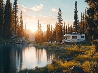 A white RV is parked at the edge of an alpine forest by a lake, with camping chairs around it and a sunset in the background.