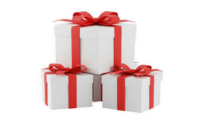 Stack of three white gift boxes decorated with red ribbons and bows on top
