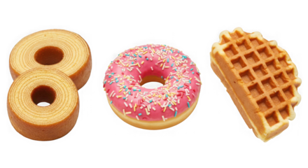 Close up of two Baumkuchen cakes, a donut, and a waffle on a transparent background
