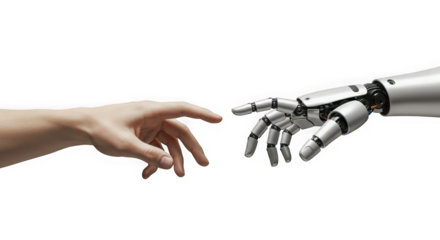 Human hand reaching out to touch a robot hand against a transparent background