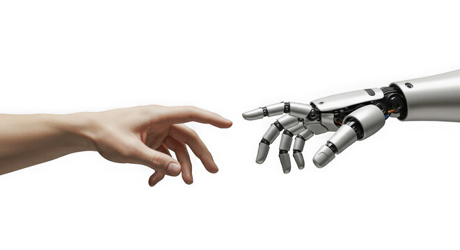 Human hand reaching out to touch a robot hand against a transparent background