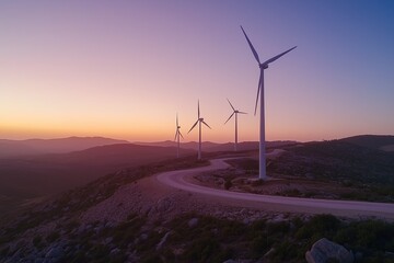 Wind turbines on the hillside at sunset with a road and sky in the background