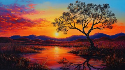 Serene Sunset Over Tranquil Outback: Embracing Nature's Dreamy Calmness in Australia