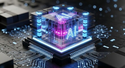 Artificial Intelligence System in Futuristic Computer Core Displays "AI" in Neon, Illuminated Circuitry with Depth of Field & Bokeh, Innovation and High Technology