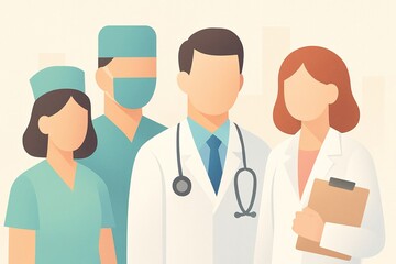 Obraz premium Flat vector illustration of medical staff in geometric style with soft gradients and light color palette