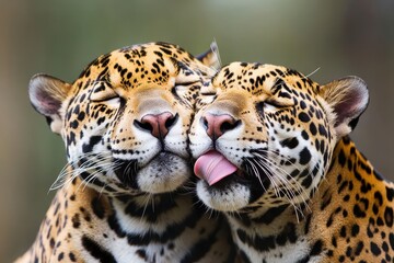 Obraz premium Intimate Moment in Brazil: Close-Up of Jaguars Engaged in Grooming Rituals in the Pantanal