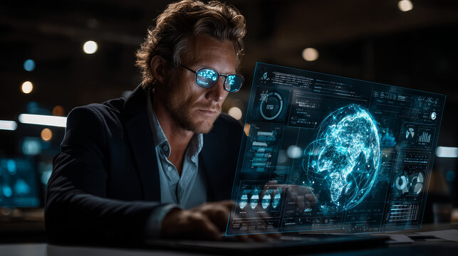 Businessman using a laptop and analyzing data on governance structures, growth opportunities, and performance metrics, with a focus on integrating insights from the global network to drive decisions.