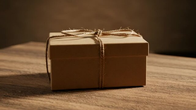 A beautifully wrapped brown gift box tied with twine, resting on a wooden table in soft lighting