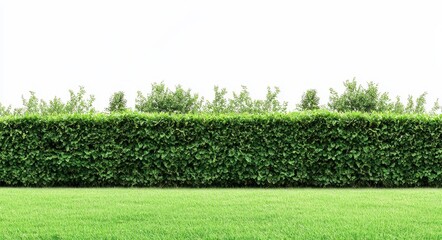 Lush Park Scene: Expansive Green Lawn with Tall Hedge and Flourishing Trees, Isolated on White