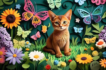 A abyssinian cat sits in a colorful garden, surrounded by paper-crafted flowers and butterflies. The scene is playful, vibrant, and whimsical, with a lush green background.