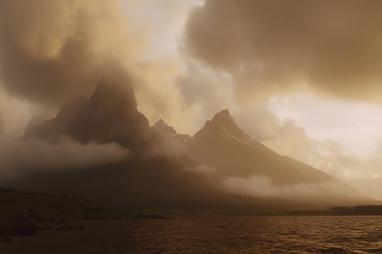 Misty mountains over calm lake scene