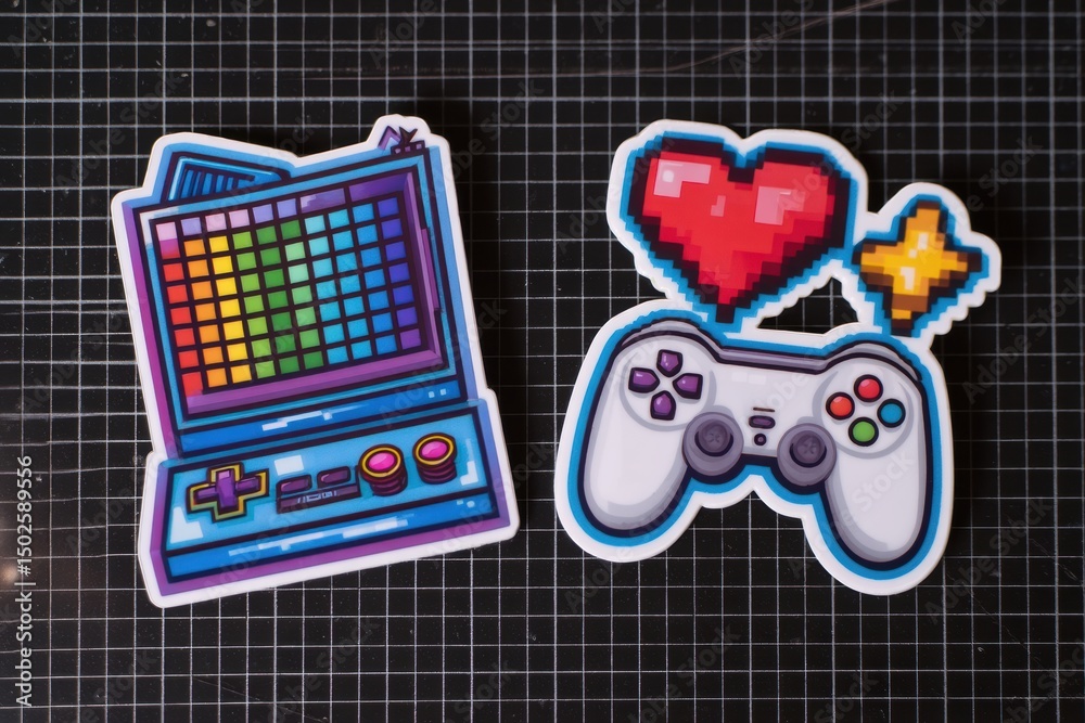 Leinwandbilder colorful gaming-themed stickers showcasing a retro computer and controller on a pixel grid backgroun