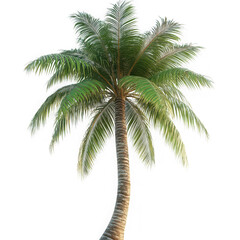 Isolated single palm tree with green leaves and brown trunk on a plain black background in full view