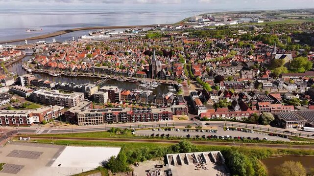Volendam panoramic view: exploring the harbor and cityscape