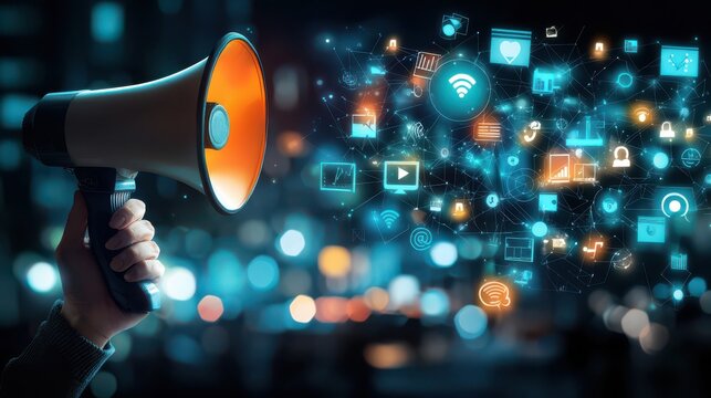 of a hand holding a megaphone surrounded by a variety of digital media icons and symbols representing the power of technology and social platforms for communication marketing and outreach