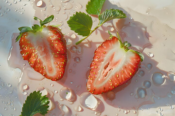 summer fruit composition, ripe strawberry halves, airy background