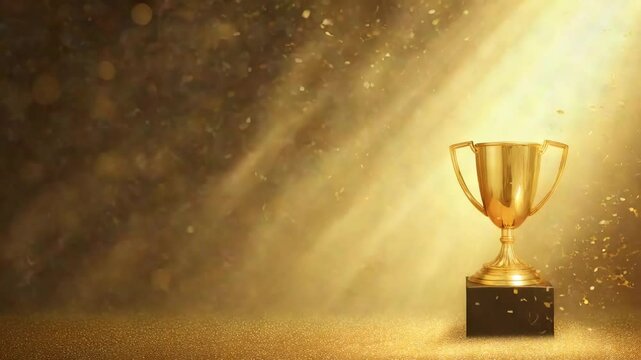 Shiny golden trophy cup placed on a glowing surface under a dramatic spotlight with floating golden particles in dark background