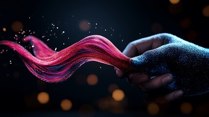 Abstract Hand Holding Glowing Red And Blue Particle Wave